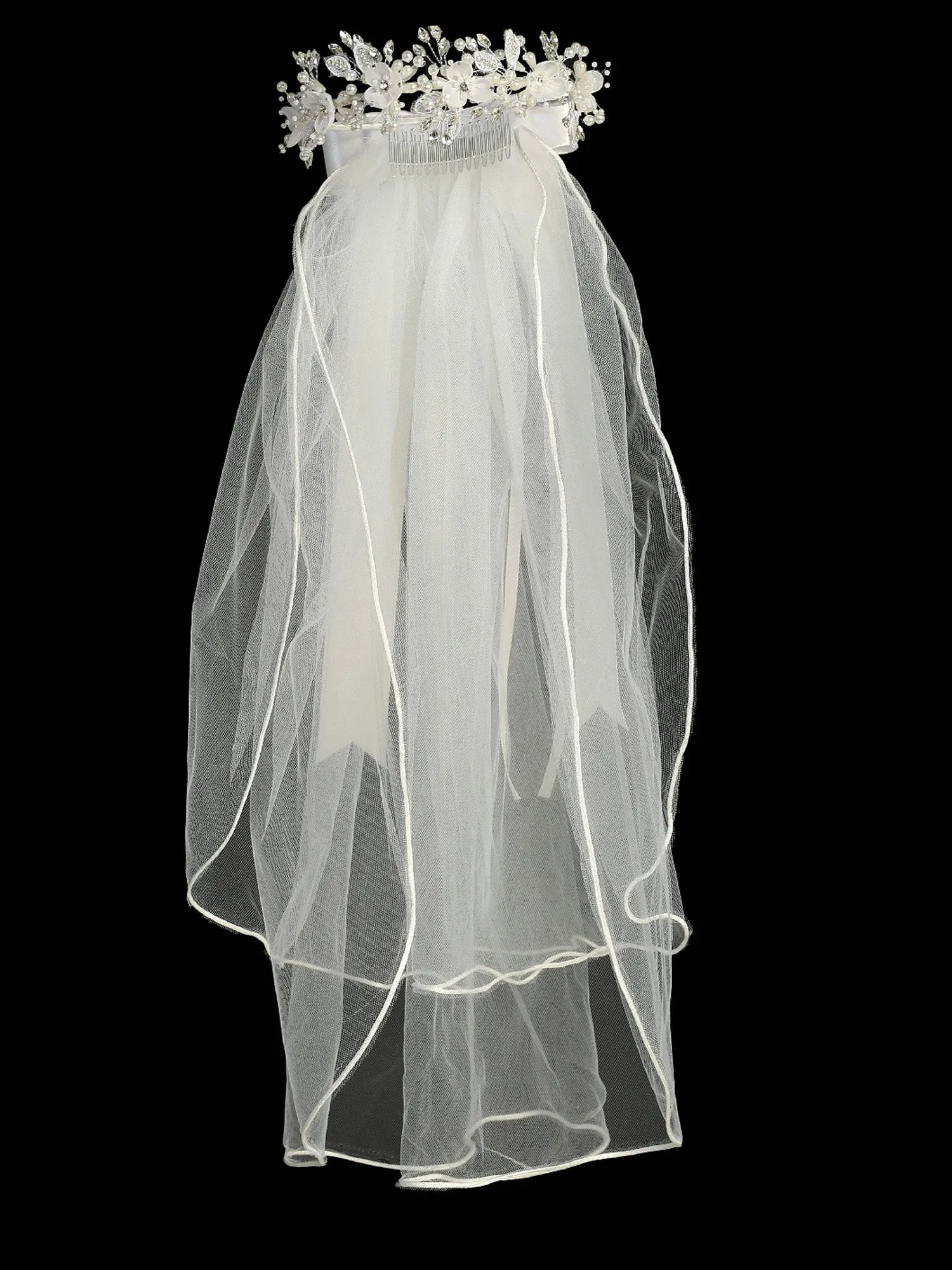 Girls White 24 Inch Rhinestone Pearl Silk Organza Flower Communion Veil