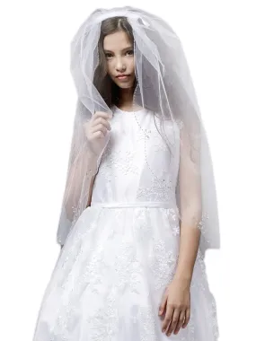 Girls White Sequin Lace Scalloped Edge Communion Flower Girl Veil