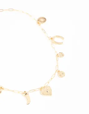 Gold Heart Celestial & Horseshoe Charm Necklace