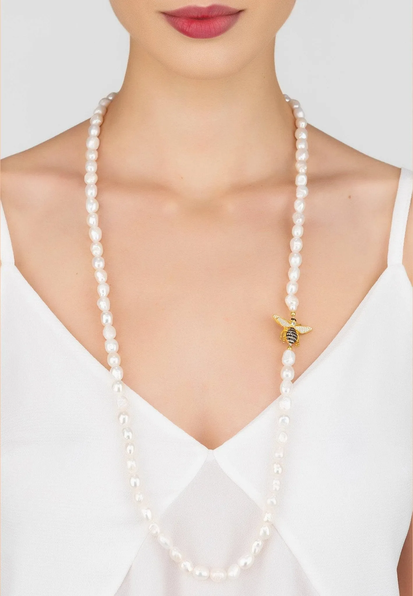 Honey Bee Pearl Gemstone Long Necklace Gold