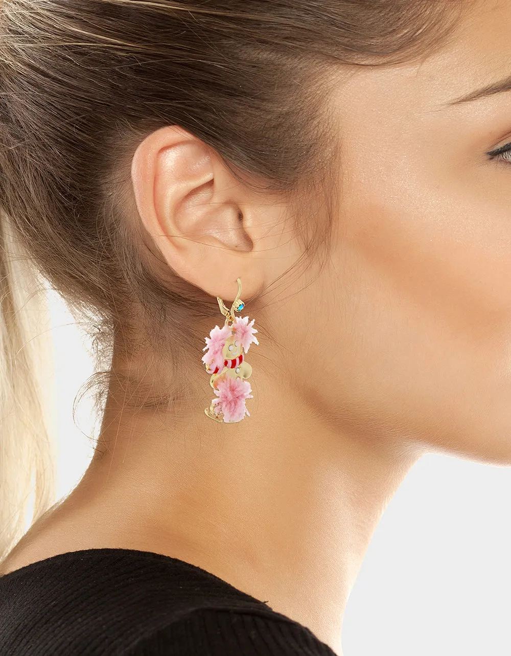 JINGLE BELL BLING GINGERBREAD SKATER DROP EARRINGS PINK