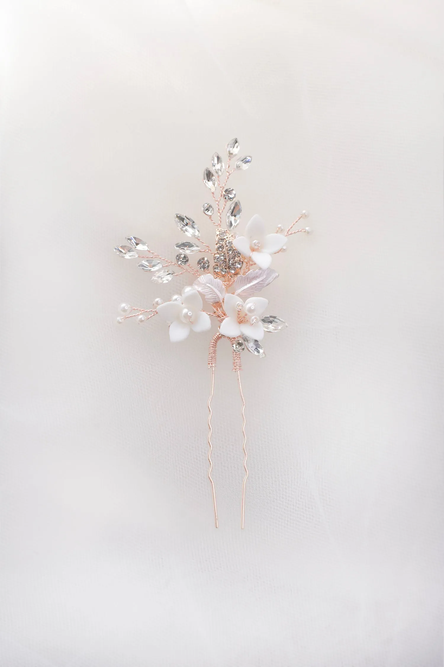 Lana - Porcelain Flower, Crystal & Pearl Bridal Hair Pin