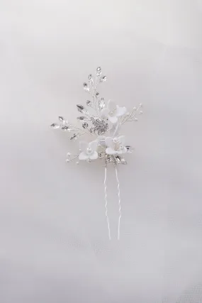 Lana - Porcelain Flower, Crystal & Pearl Bridal Hair Pin