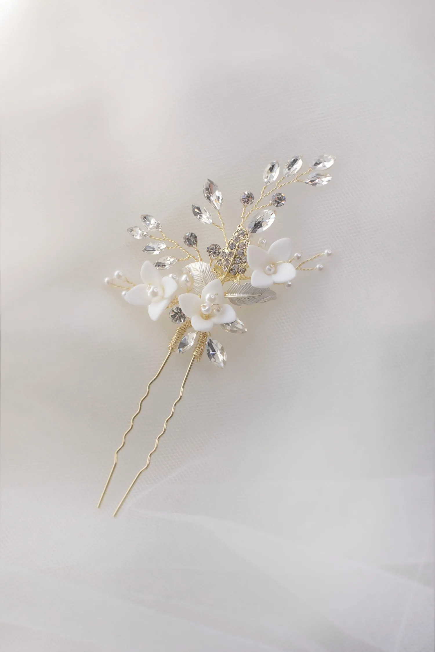 Lana - Porcelain Flower, Crystal & Pearl Bridal Hair Pin