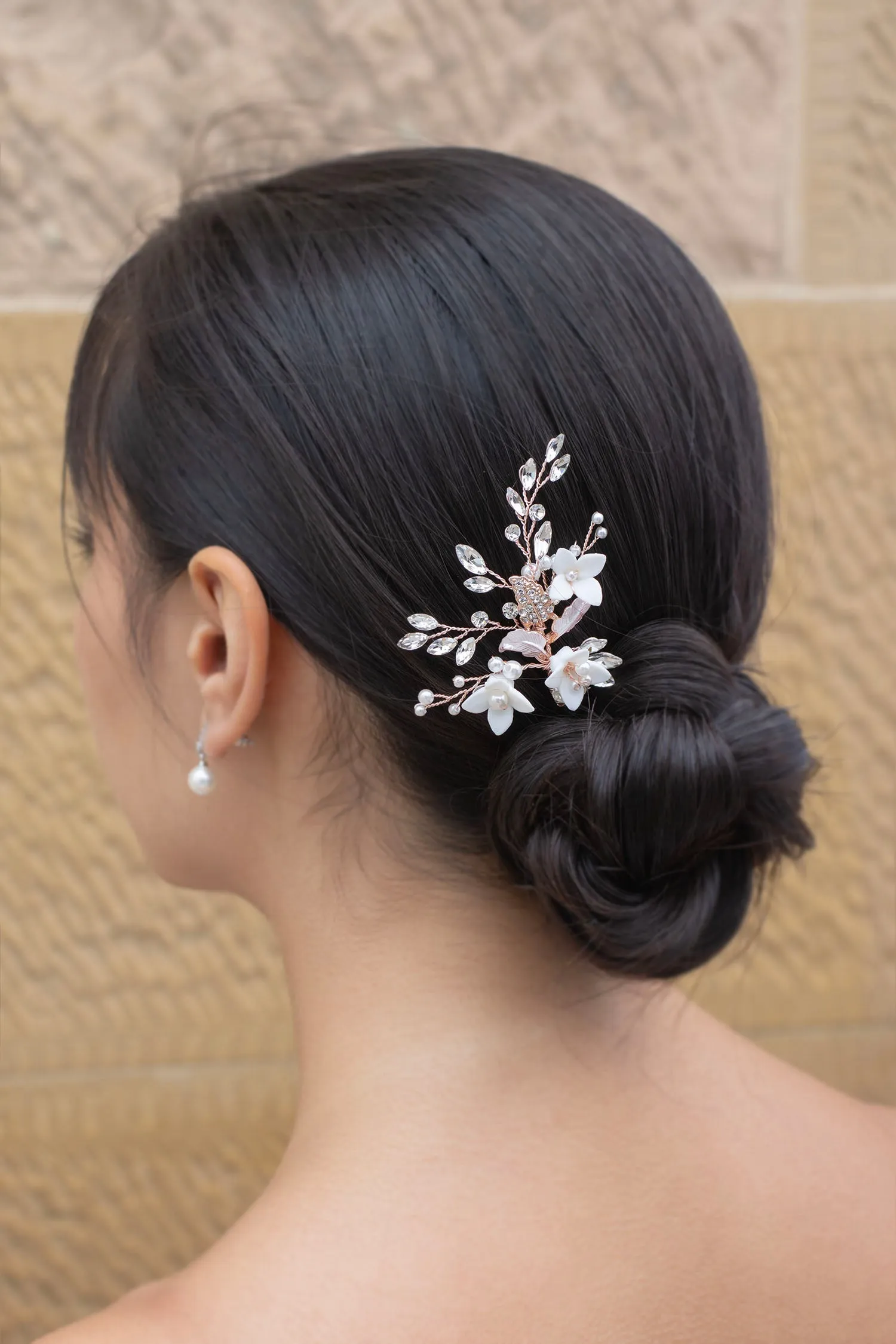 Lana - Porcelain Flower, Crystal & Pearl Bridal Hair Pin