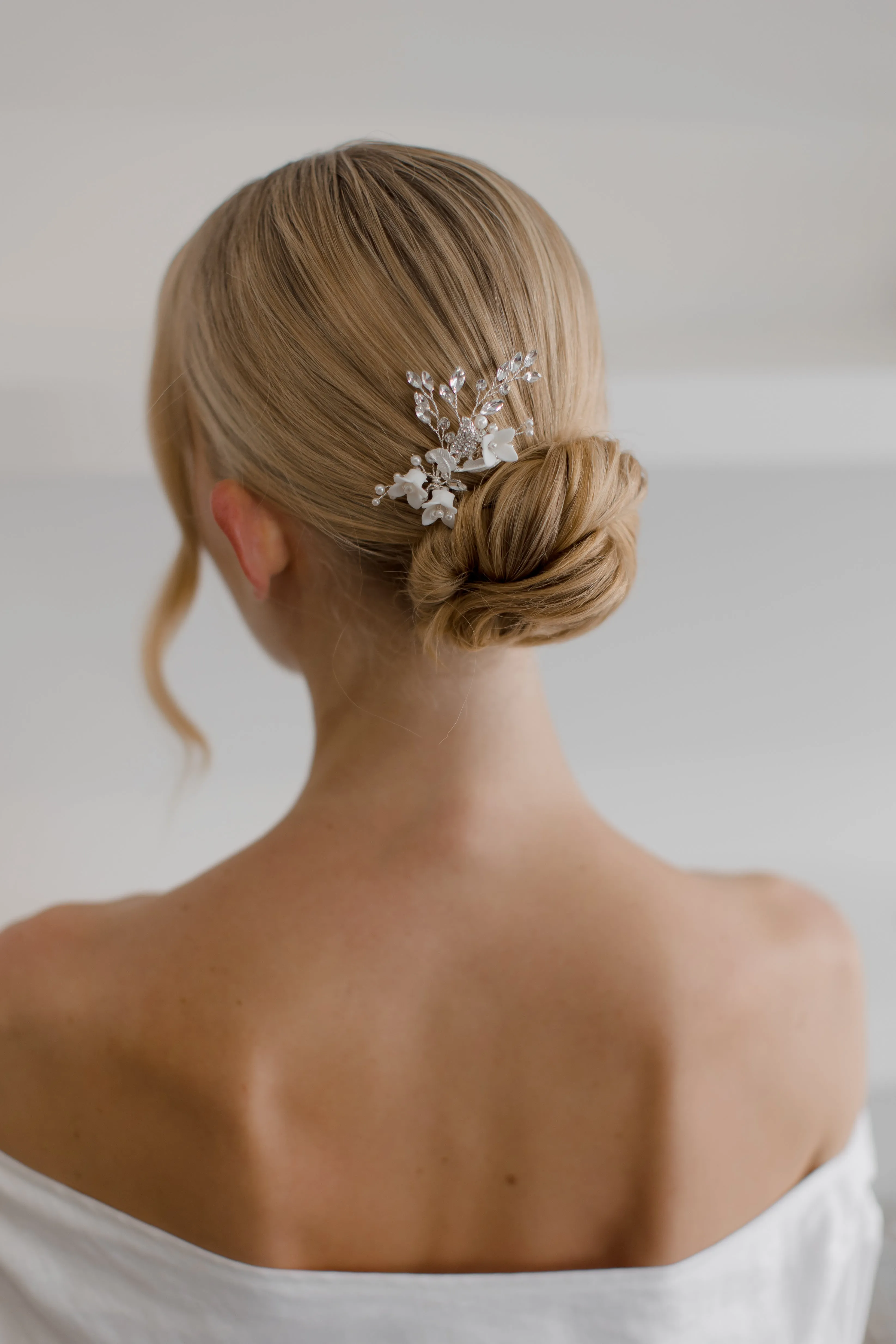 Lana - Porcelain Flower, Crystal & Pearl Bridal Hair Pin