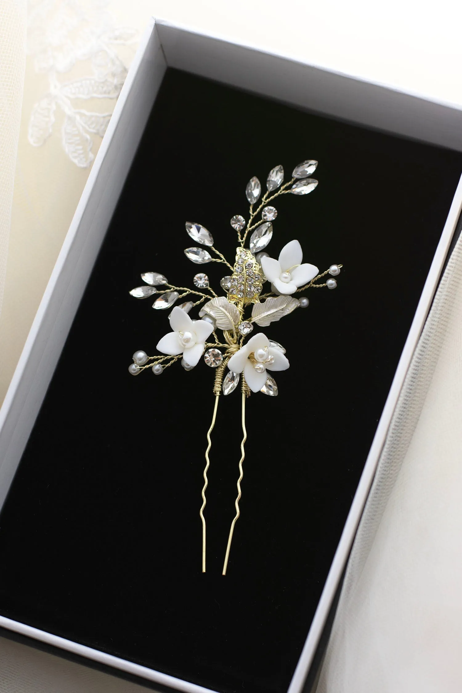 Lana - Porcelain Flower, Crystal & Pearl Bridal Hair Pin