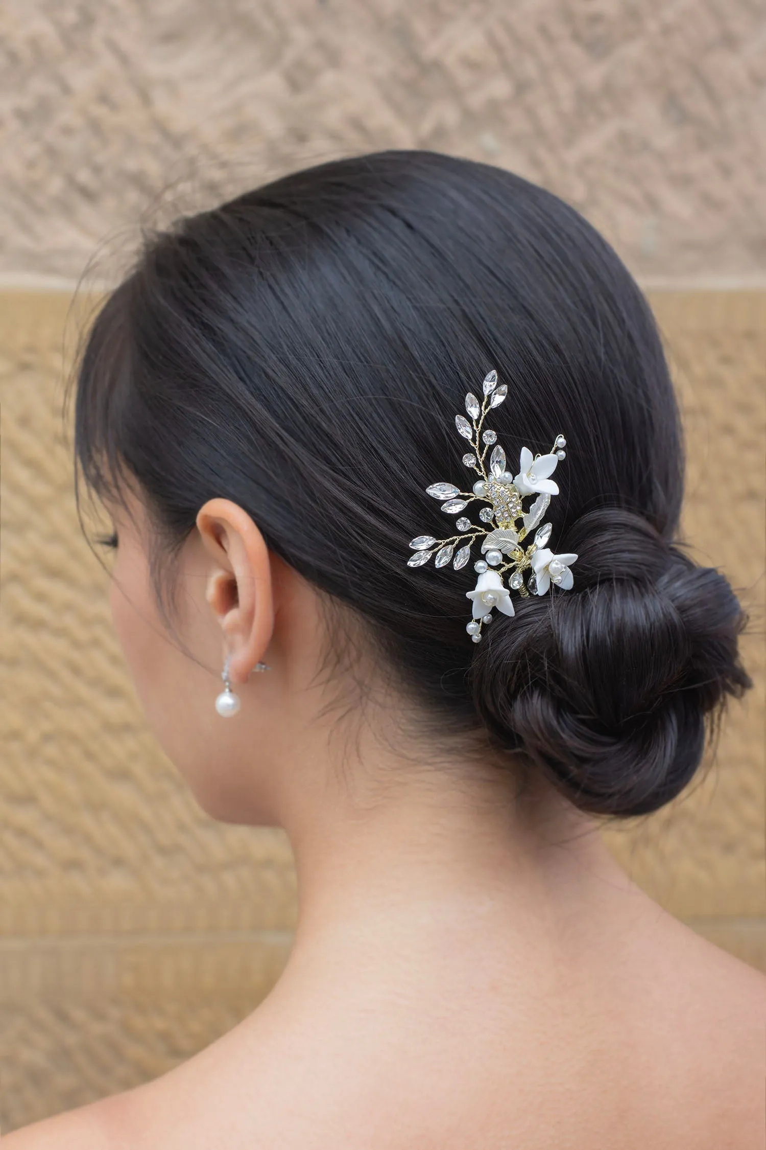 Lana - Porcelain Flower, Crystal & Pearl Bridal Hair Pin