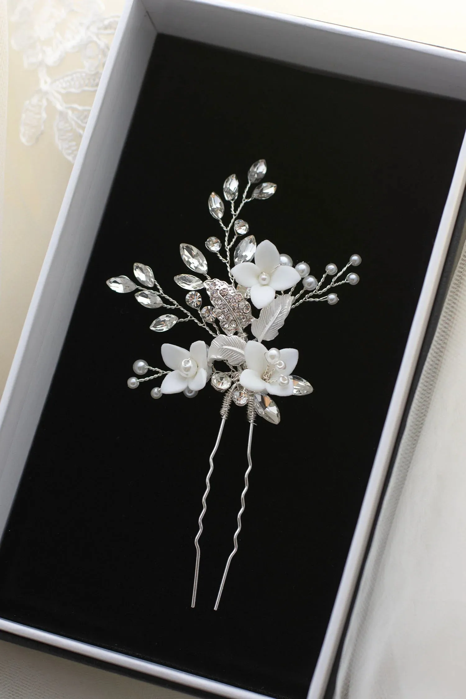 Lana - Porcelain Flower, Crystal & Pearl Bridal Hair Pin