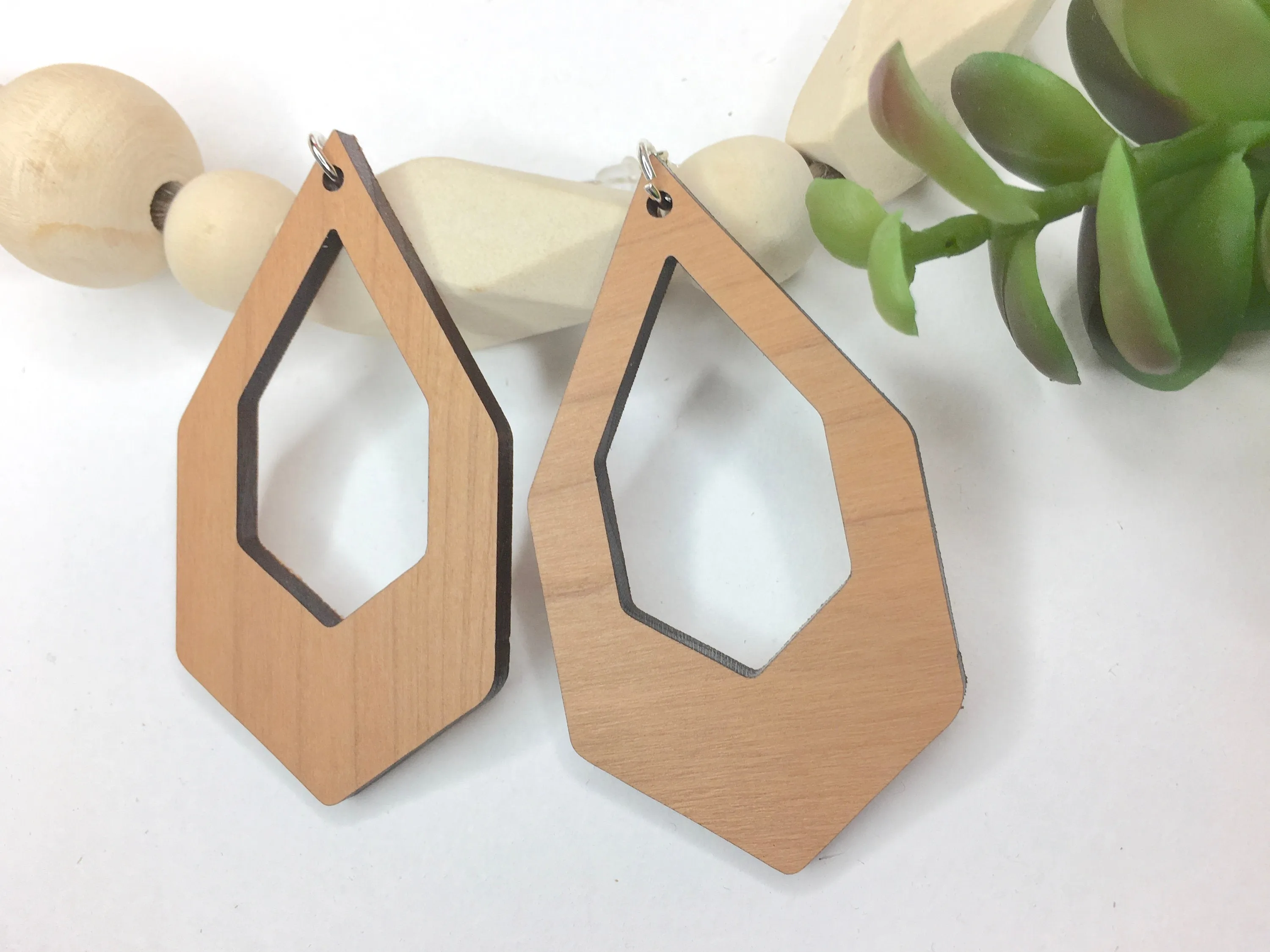 Large Geometric Drop Earrings Dangle Wooden Earrings Birthday Gift Idea Cherry Earrings