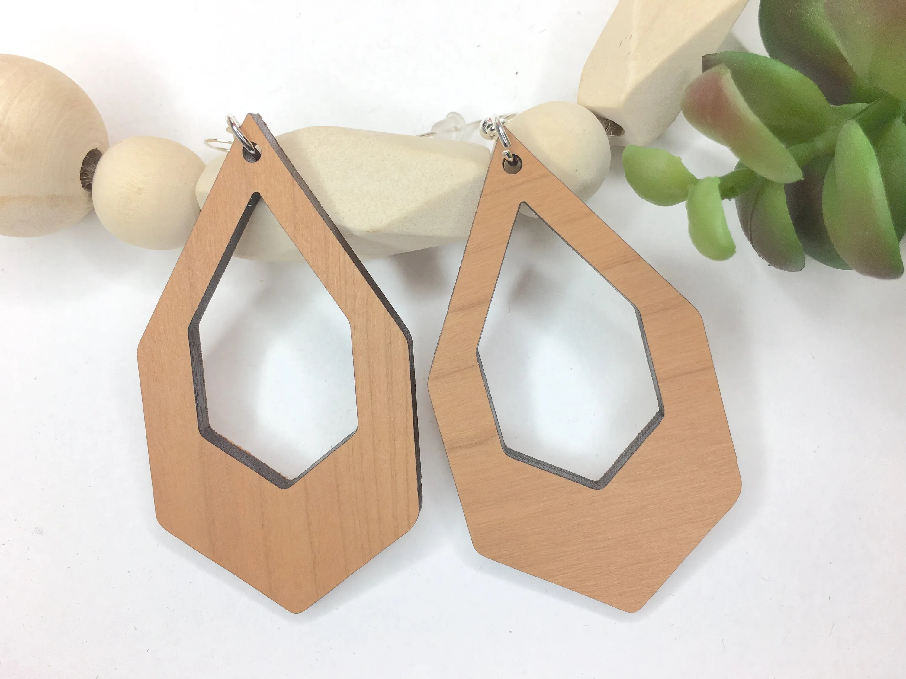 Large Geometric Drop Earrings Dangle Wooden Earrings Birthday Gift Idea Cherry Earrings