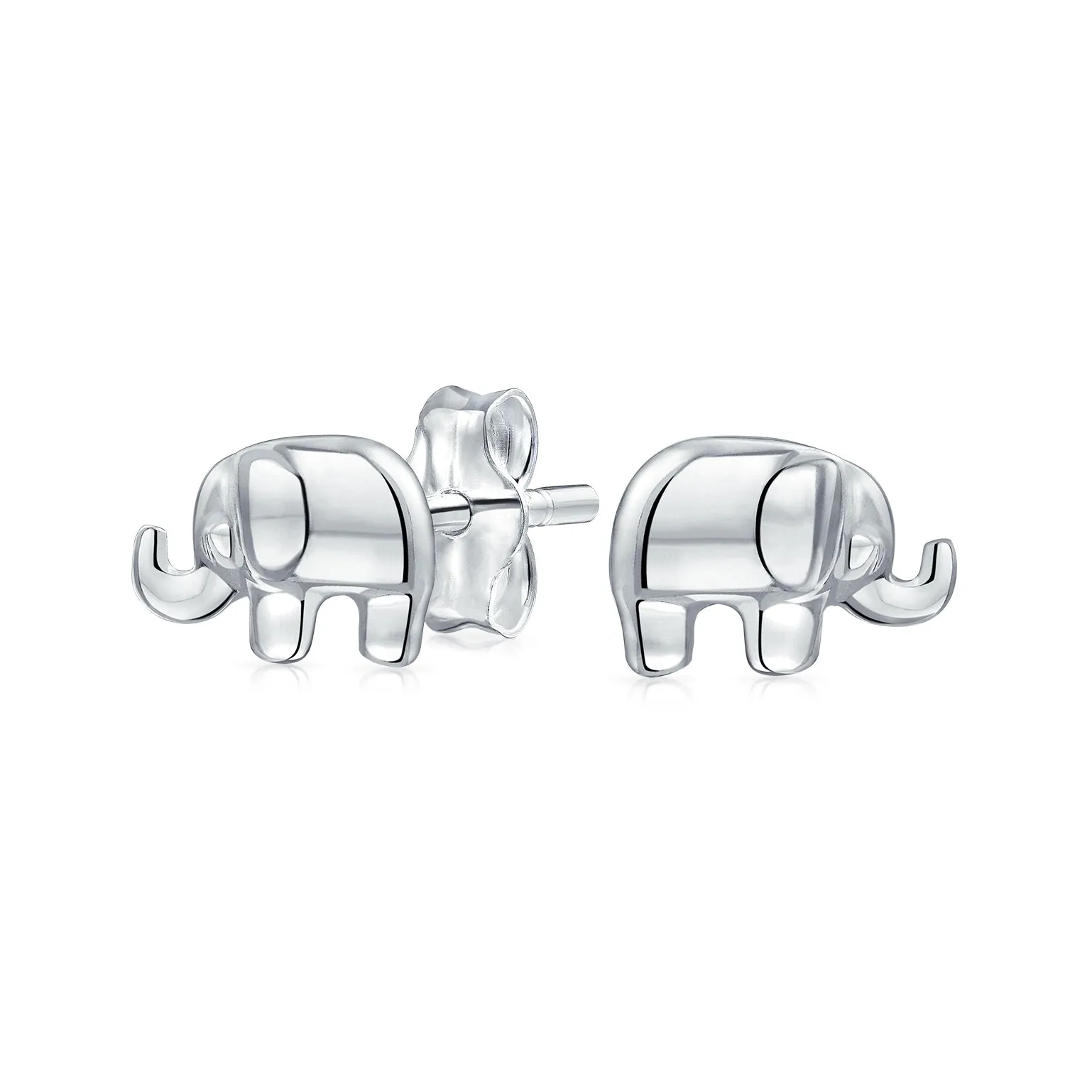 Lucky Elephant Stud Earrings in Polished Sterling Silver for Animal Lovers