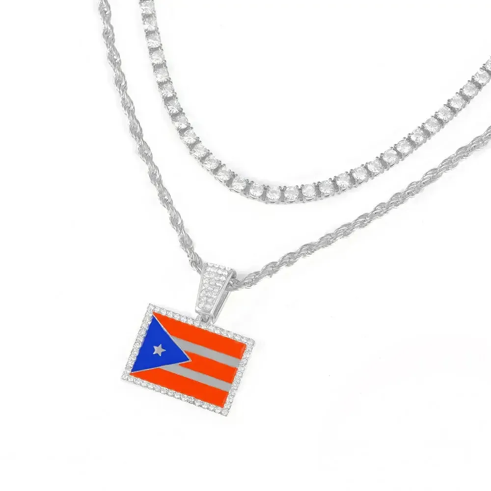 Men's Hip-hop Necklace Set Stylish Puerto Rico Flag Pendant Necklace With Tennis Chain Inlaid Diamonds Trend Jewelry Gift Set