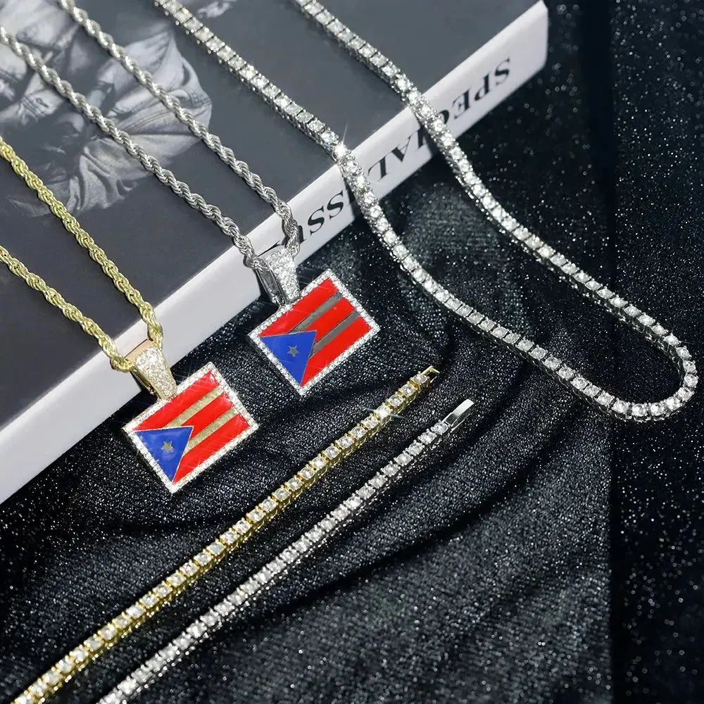 Men's Hip-hop Necklace Set Stylish Puerto Rico Flag Pendant Necklace With Tennis Chain Inlaid Diamonds Trend Jewelry Gift Set