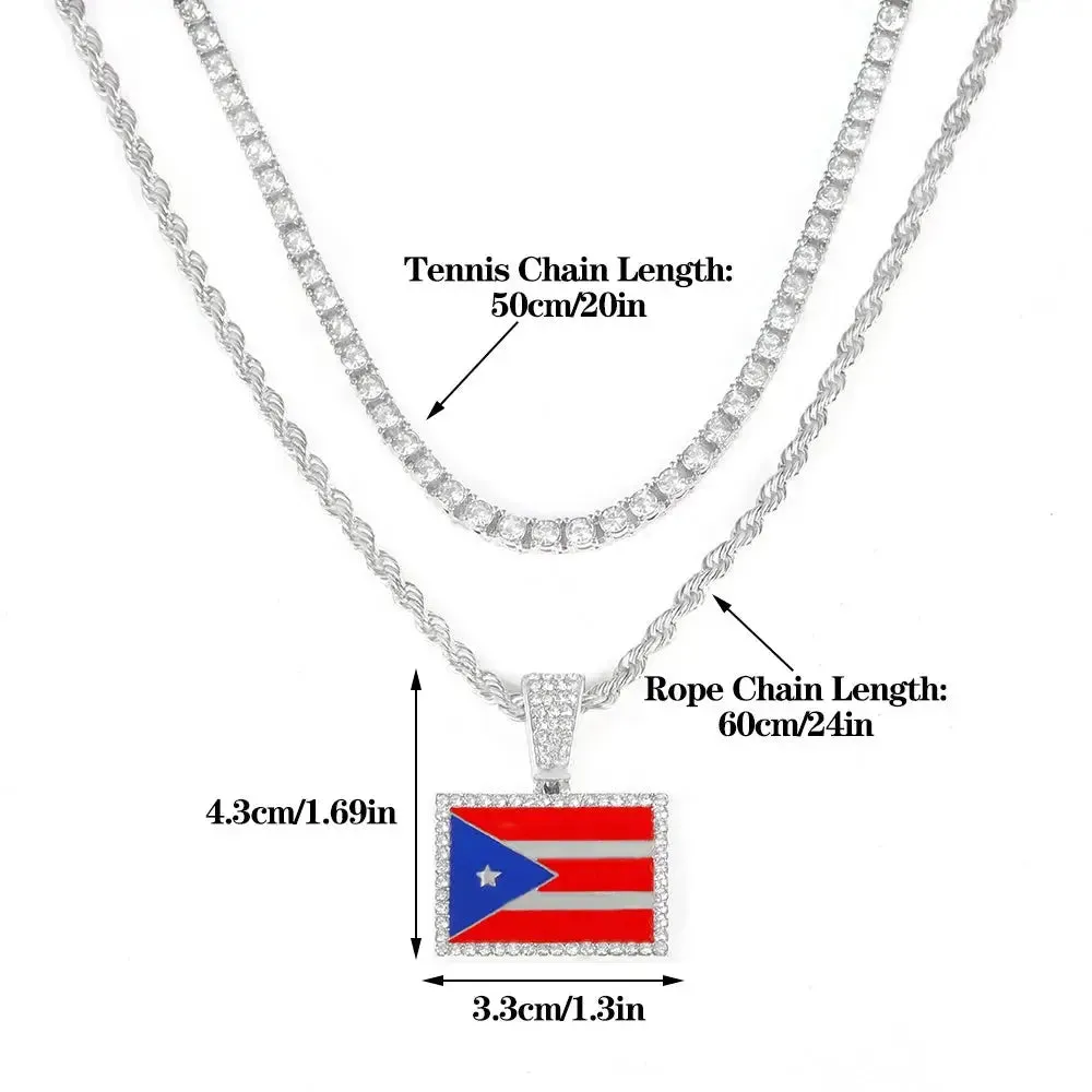 Men's Hip-hop Necklace Set Stylish Puerto Rico Flag Pendant Necklace With Tennis Chain Inlaid Diamonds Trend Jewelry Gift Set