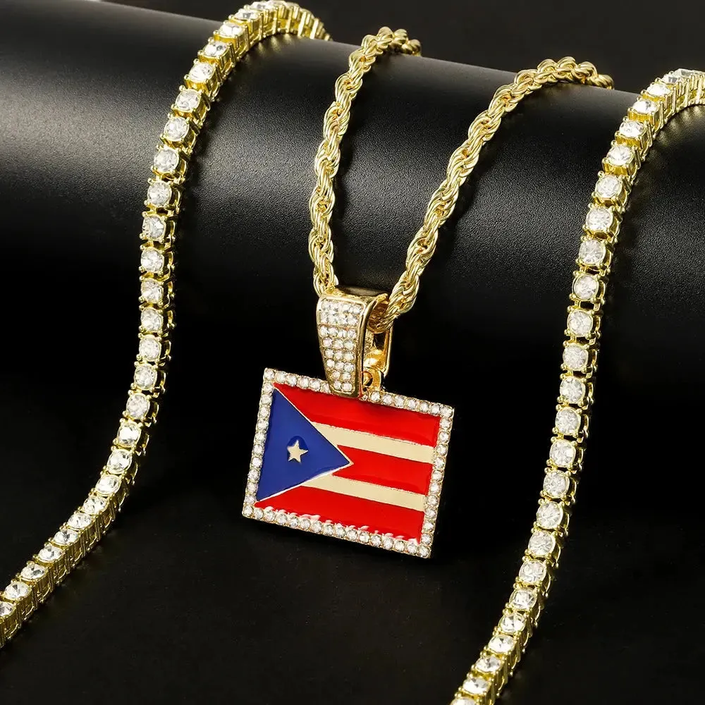 Men's Hip-hop Necklace Set Stylish Puerto Rico Flag Pendant Necklace With Tennis Chain Inlaid Diamonds Trend Jewelry Gift Set