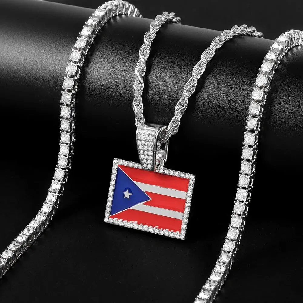 Men's Hip-hop Necklace Set Stylish Puerto Rico Flag Pendant Necklace With Tennis Chain Inlaid Diamonds Trend Jewelry Gift Set