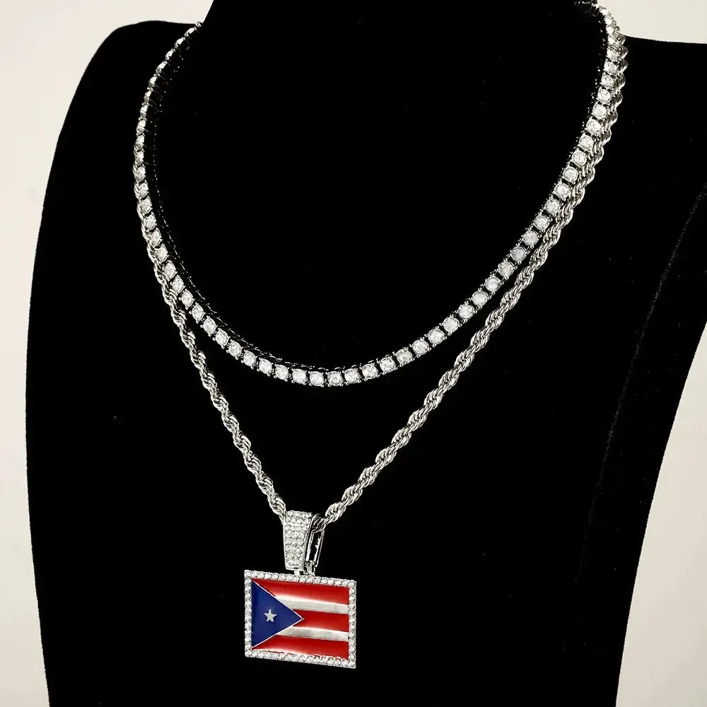 Men's Hip-hop Necklace Set Stylish Puerto Rico Flag Pendant Necklace With Tennis Chain Inlaid Diamonds Trend Jewelry Gift Set