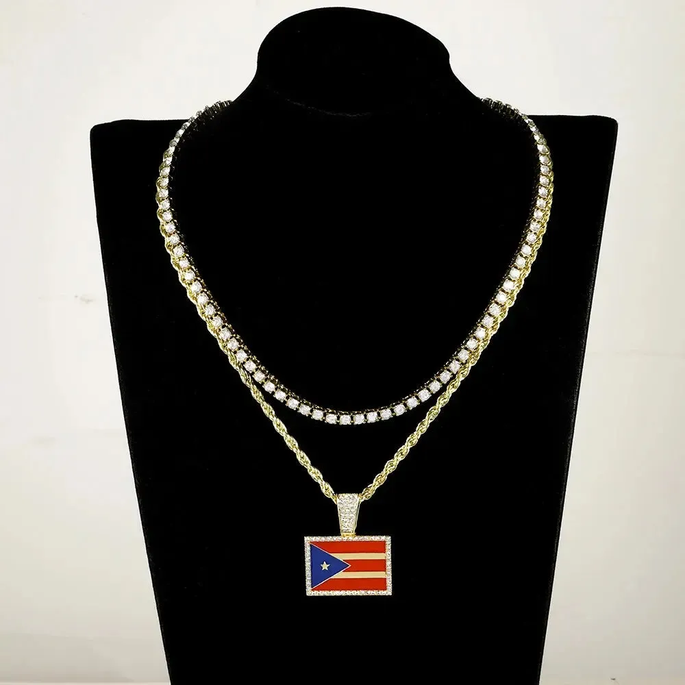 Men's Hip-hop Necklace Set Stylish Puerto Rico Flag Pendant Necklace With Tennis Chain Inlaid Diamonds Trend Jewelry Gift Set