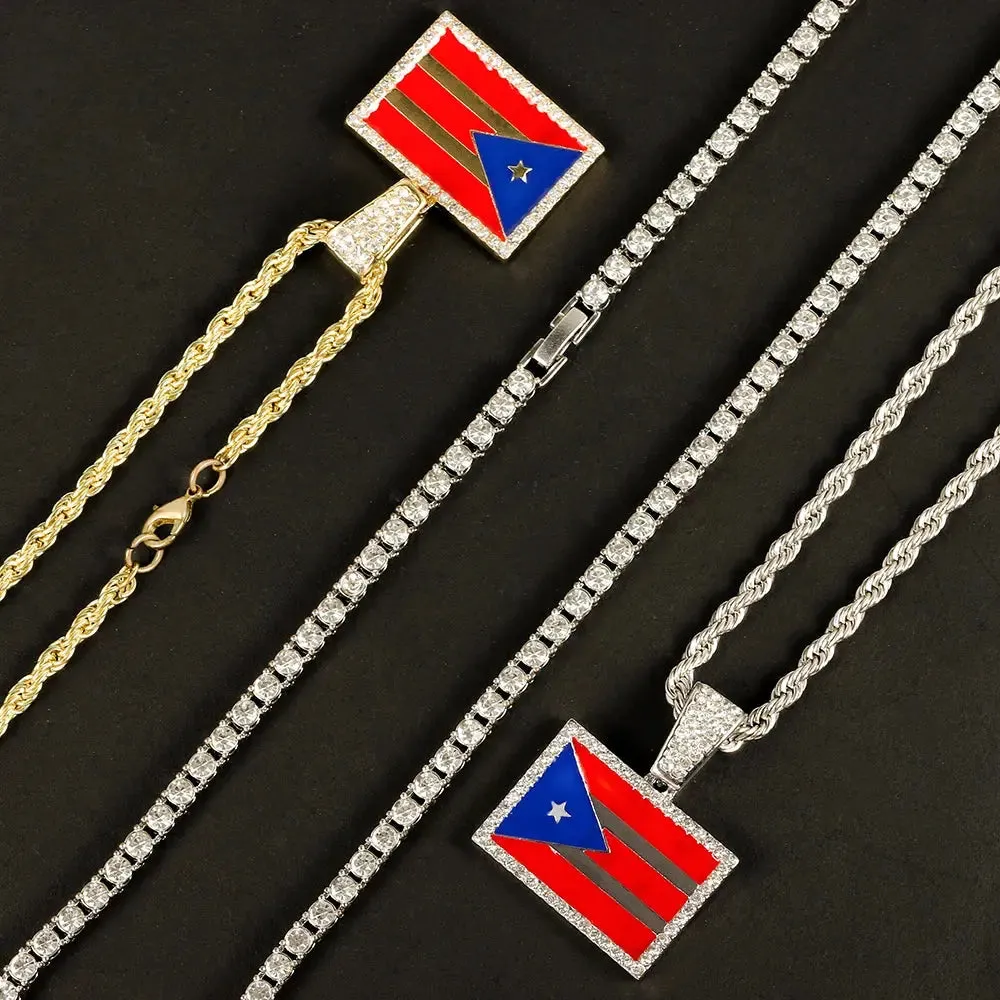 Men's Hip-hop Necklace Set Stylish Puerto Rico Flag Pendant Necklace With Tennis Chain Inlaid Diamonds Trend Jewelry Gift Set