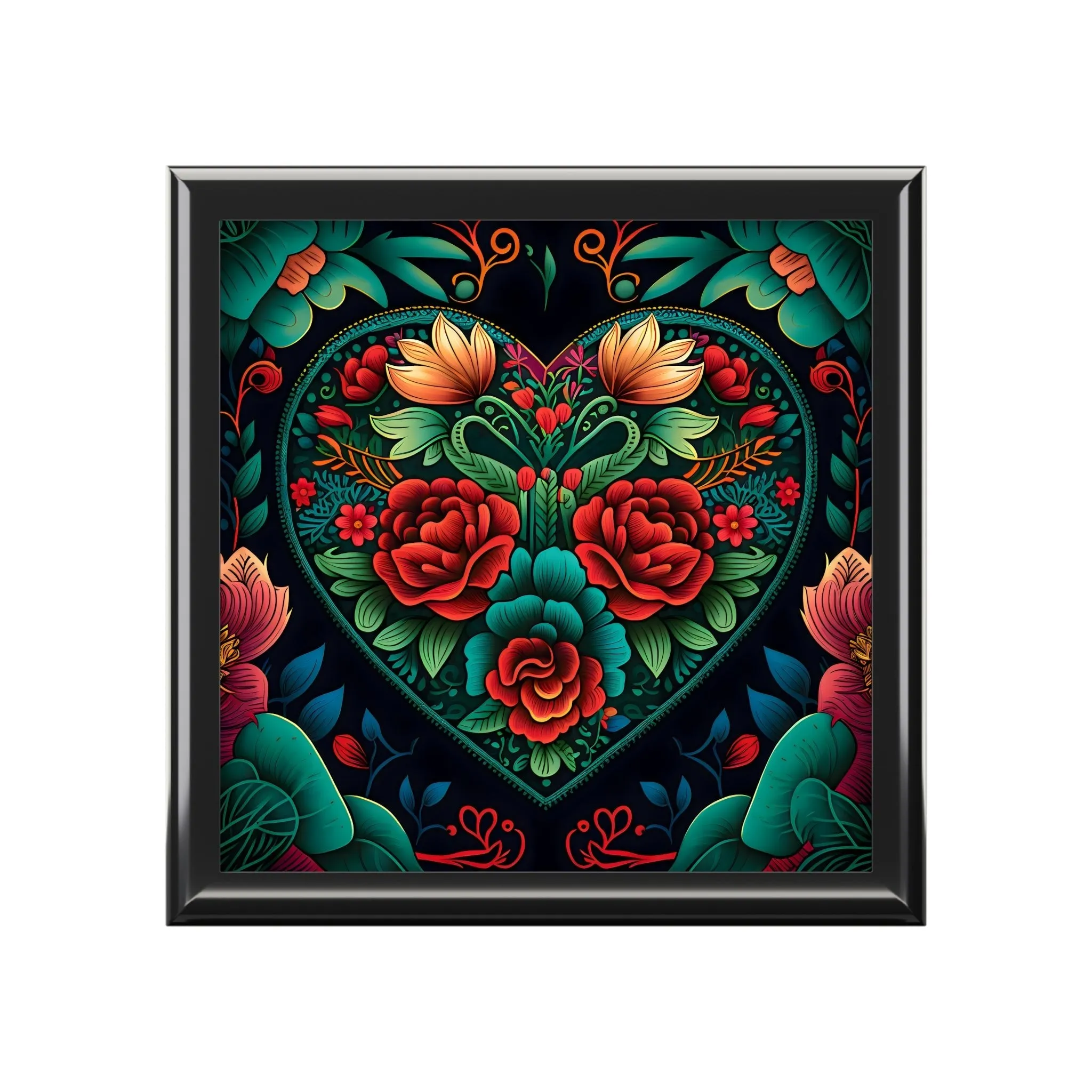 Meso-American Style  Heart  and Roses Jewelry Box