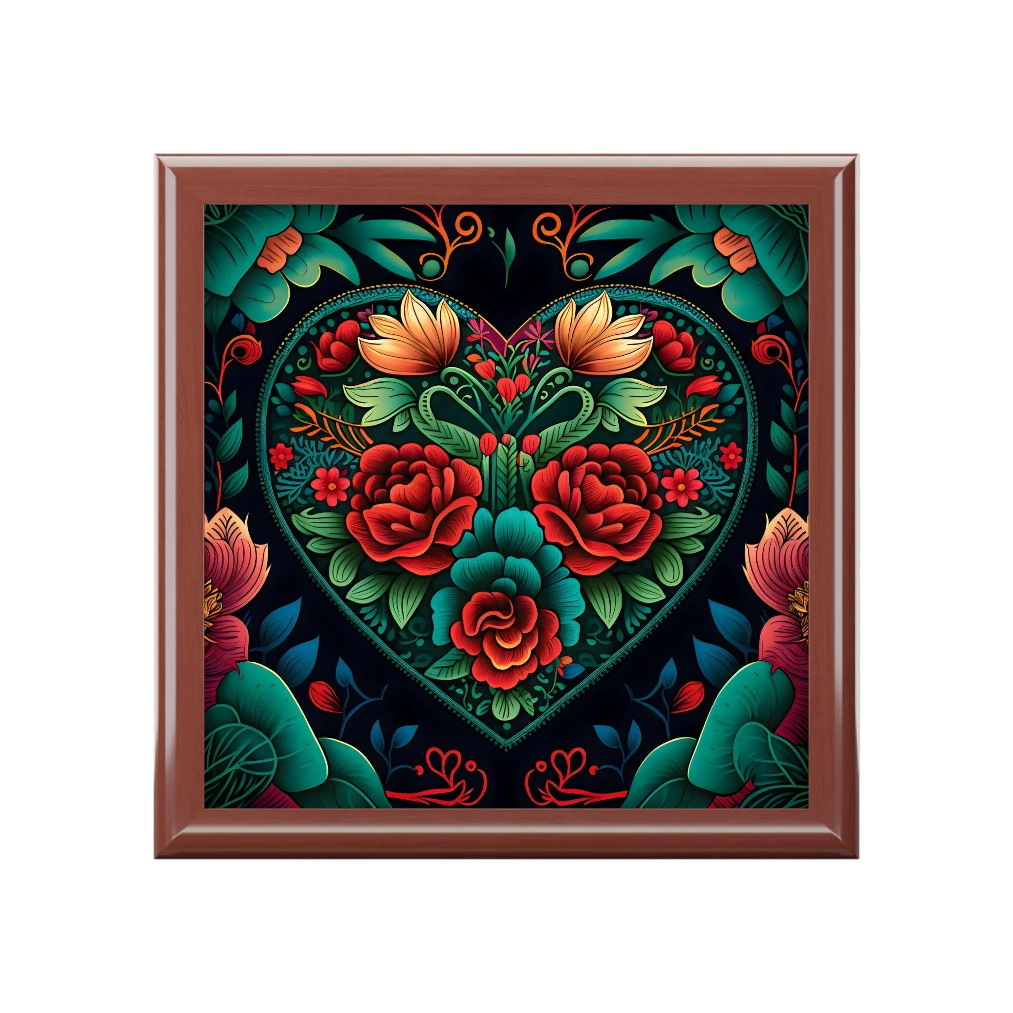 Meso-American Style  Heart  and Roses Jewelry Box