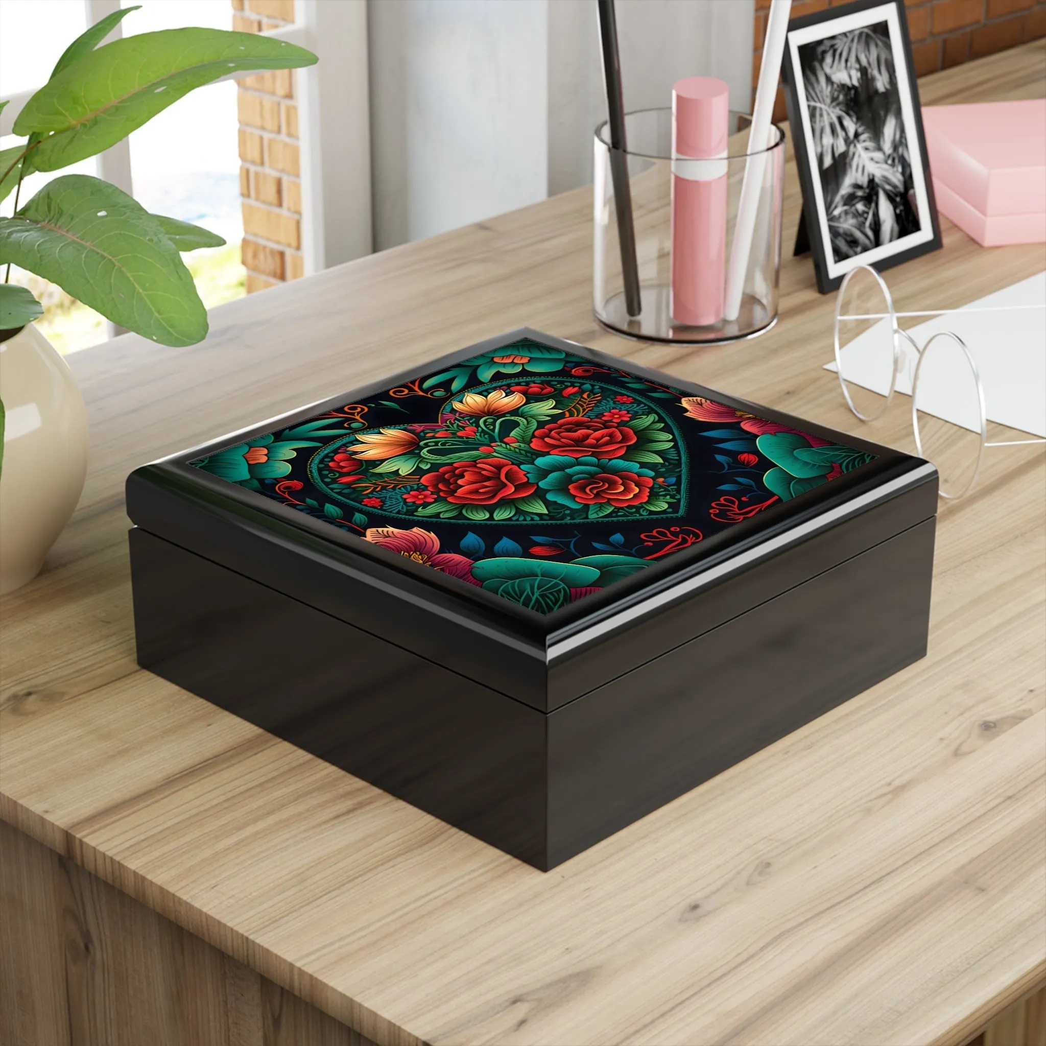 Meso-American Style  Heart  and Roses Jewelry Box