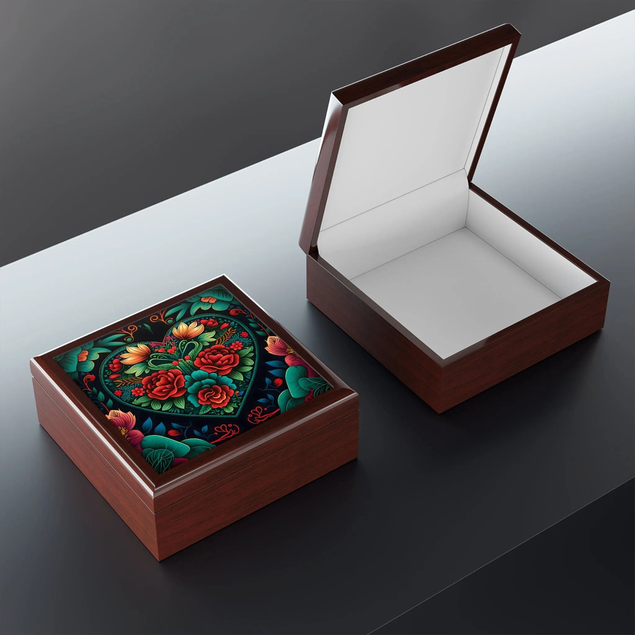 Meso-American Style  Heart  and Roses Jewelry Box