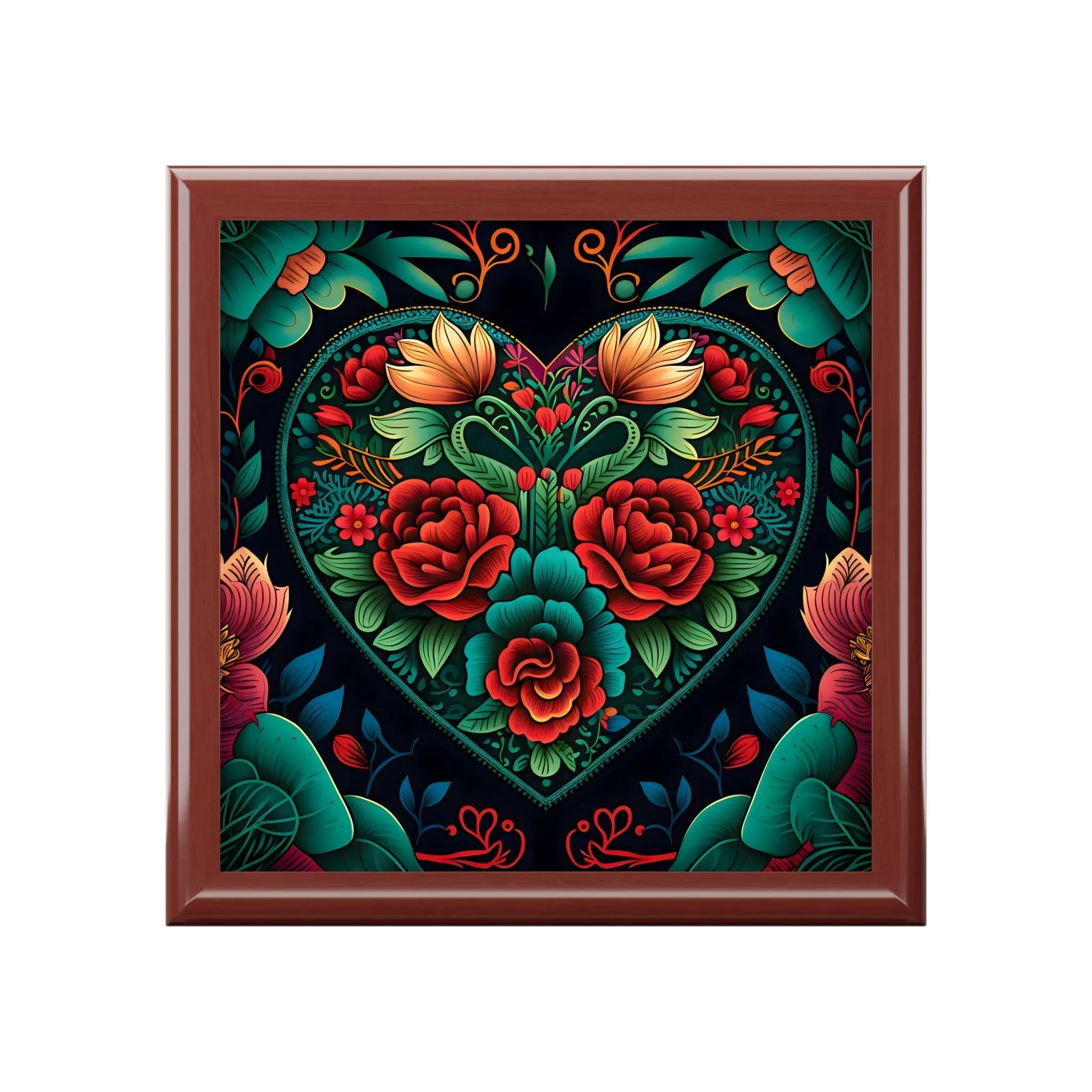 Meso-American Style  Heart  and Roses Jewelry Box