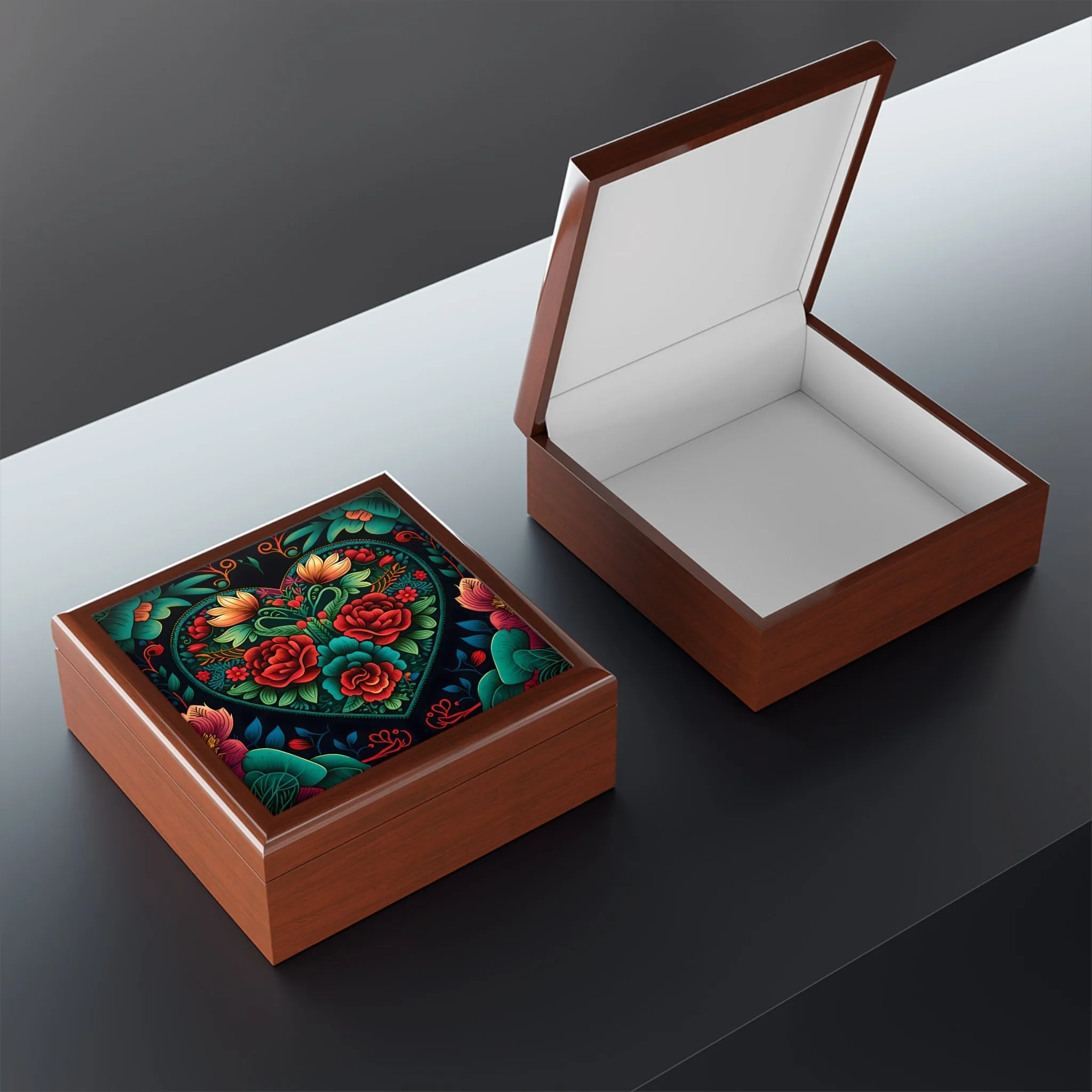 Meso-American Style  Heart  and Roses Jewelry Box