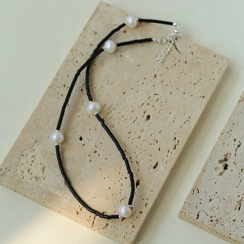 Minimalist Modern Pearl and Black Agate Beaded Necklace