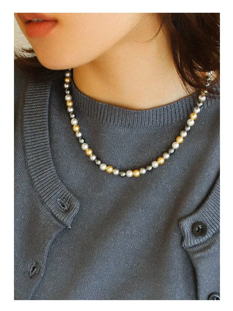 Mixed Color Hemp Gray Tahitian Round Artificial Pearl Necklace-6mm Pearls