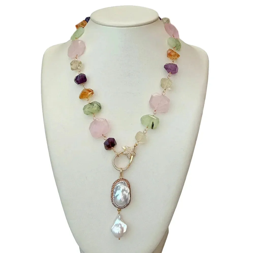 Natural baroque pearl pendant and gemstone necklace