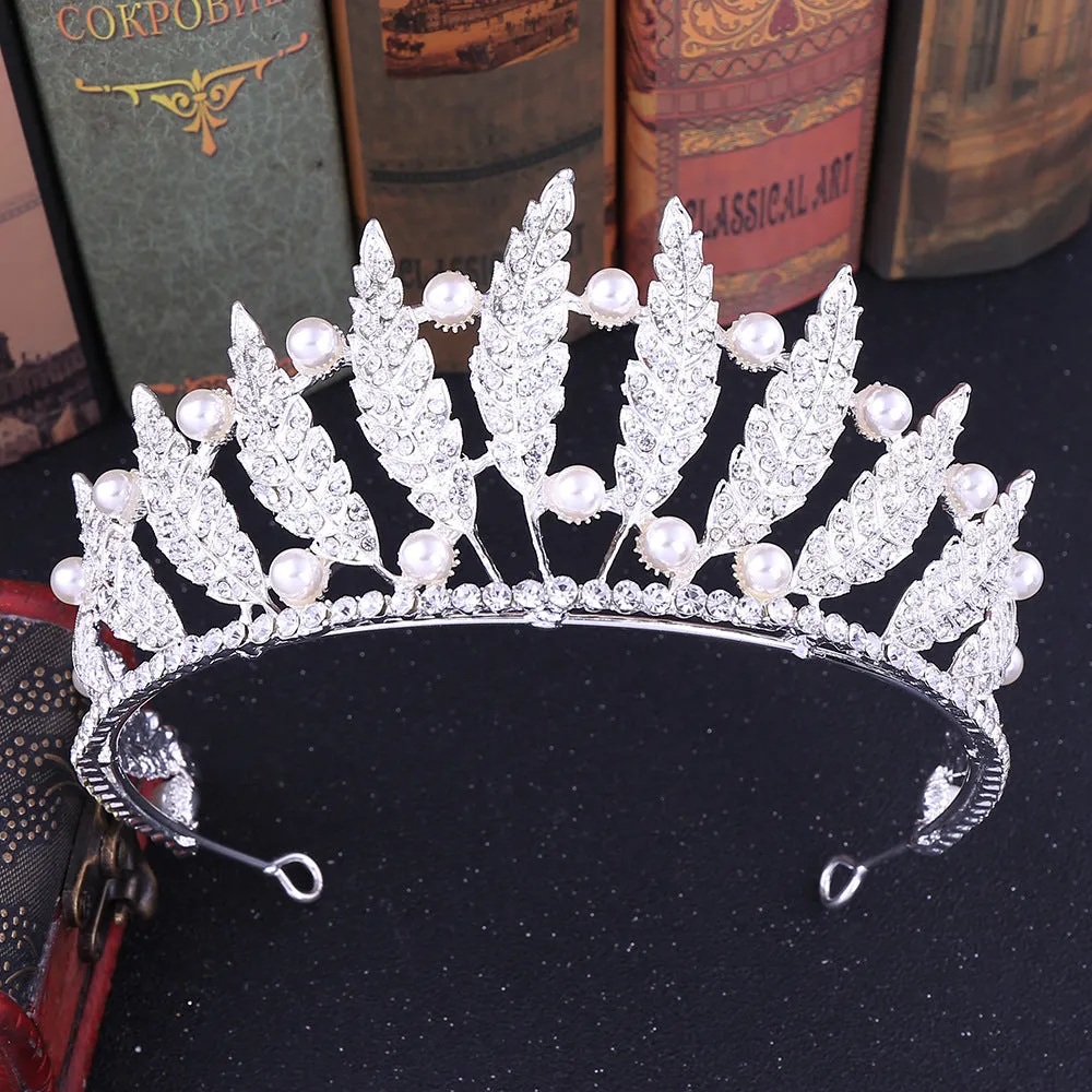 New style leaf princess hair accessories rhinestone pearl tiara baroque crown bride wedding accessories