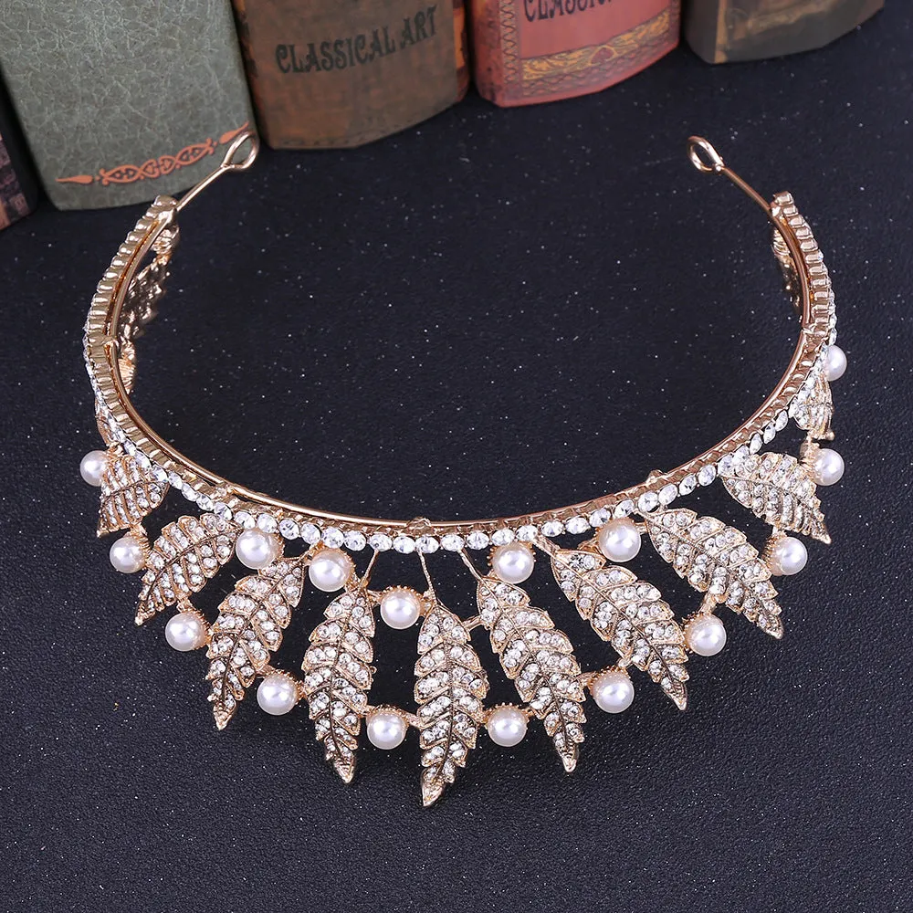 New style leaf princess hair accessories rhinestone pearl tiara baroque crown bride wedding accessories