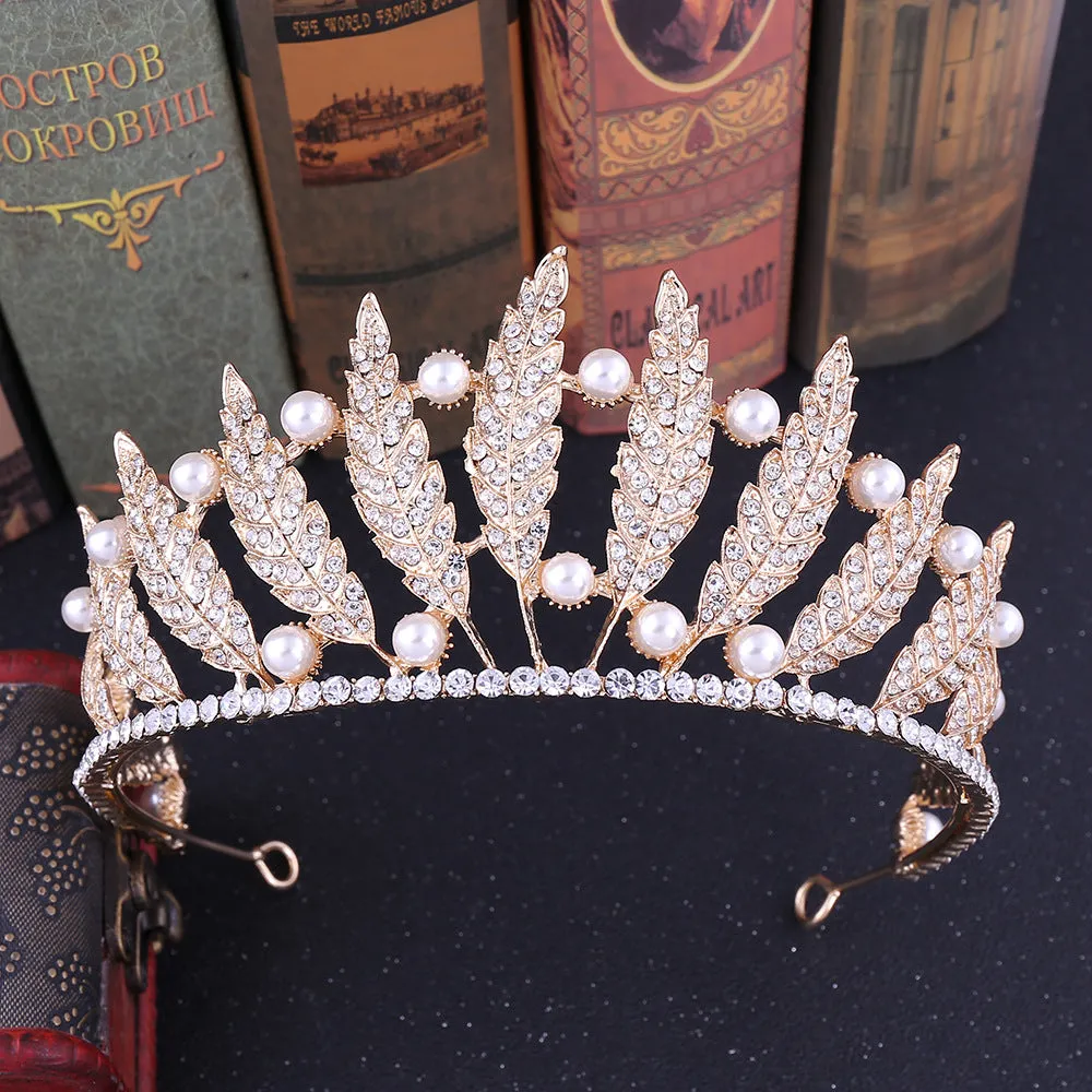 New style leaf princess hair accessories rhinestone pearl tiara baroque crown bride wedding accessories