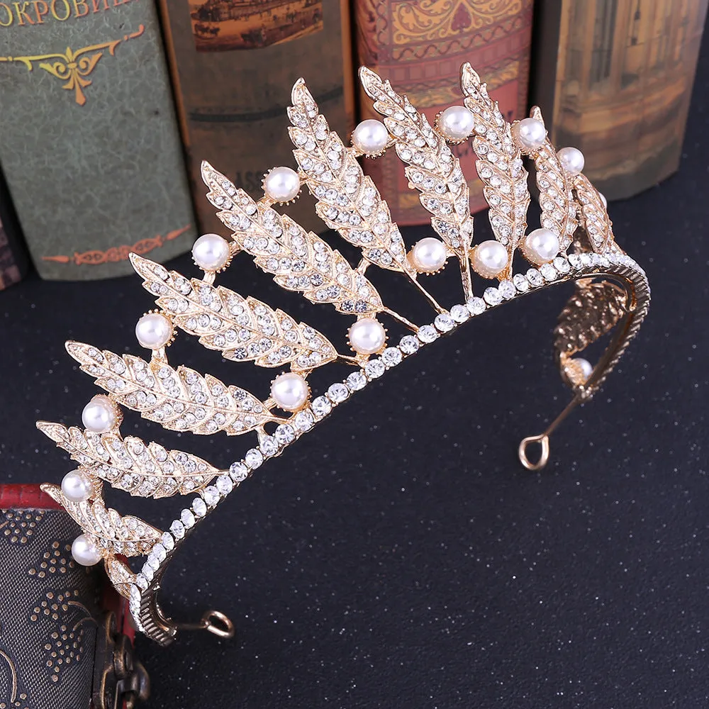 New style leaf princess hair accessories rhinestone pearl tiara baroque crown bride wedding accessories