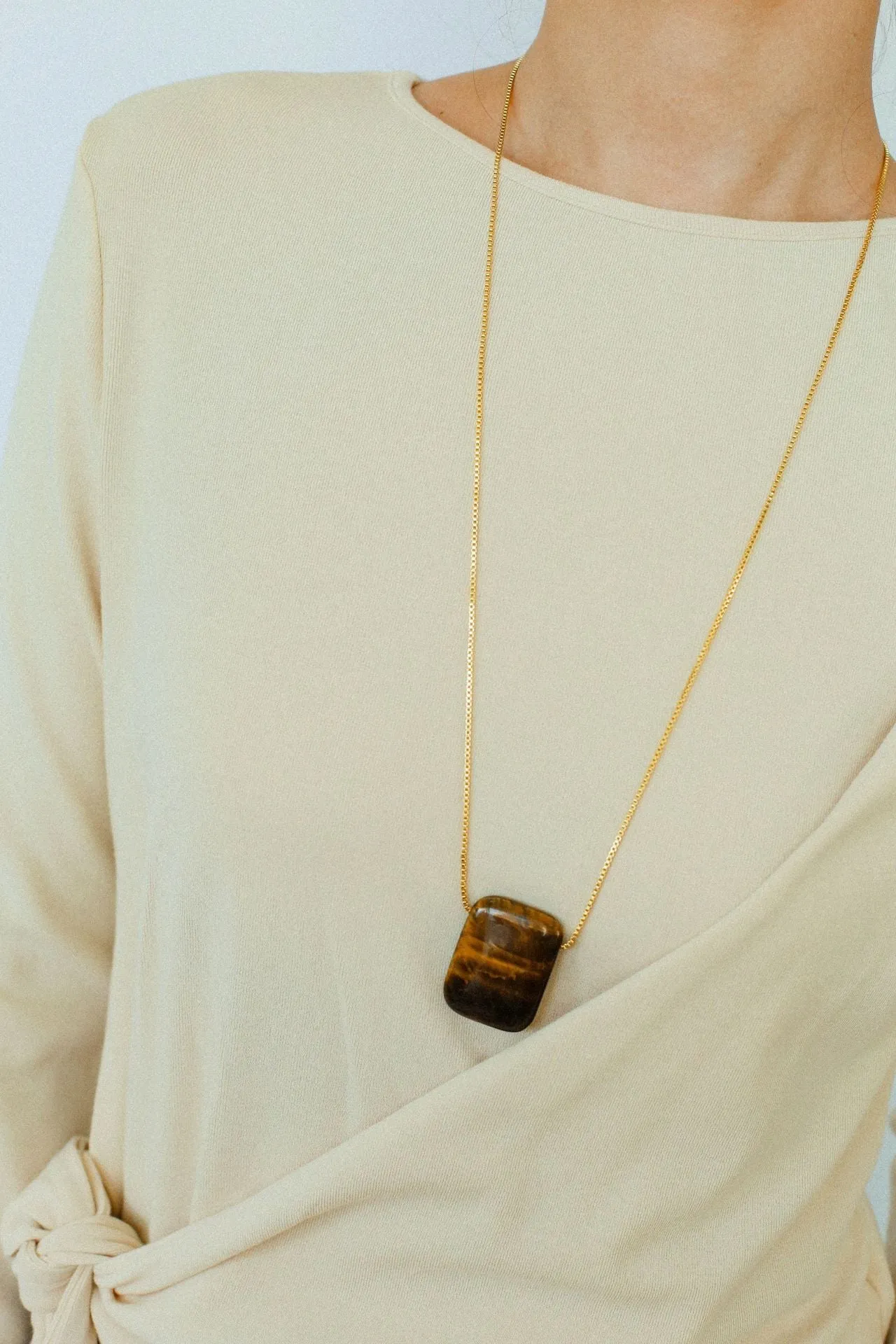 Niche Square Tiger's Eye Stone Obsidian Long Chain Necklace