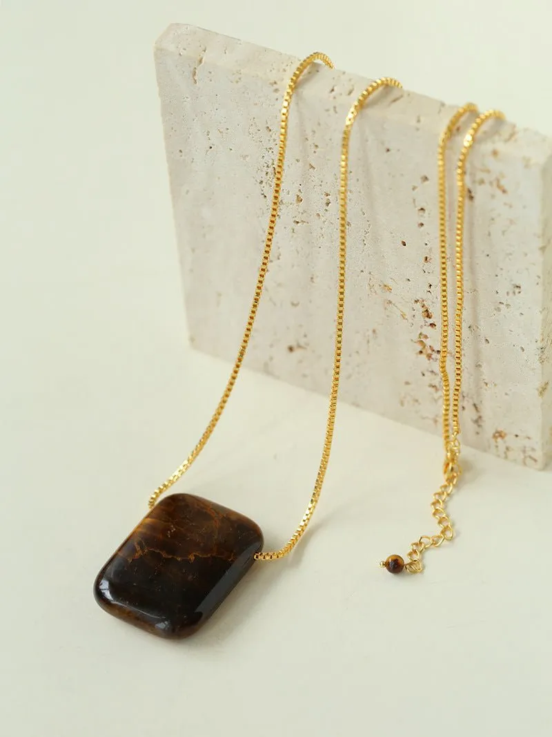 Niche Square Tiger's Eye Stone Obsidian Long Chain Necklace