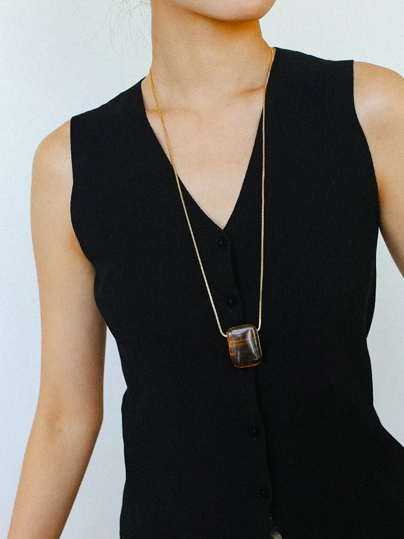 Niche Square Tiger's Eye Stone Obsidian Long Chain Necklace