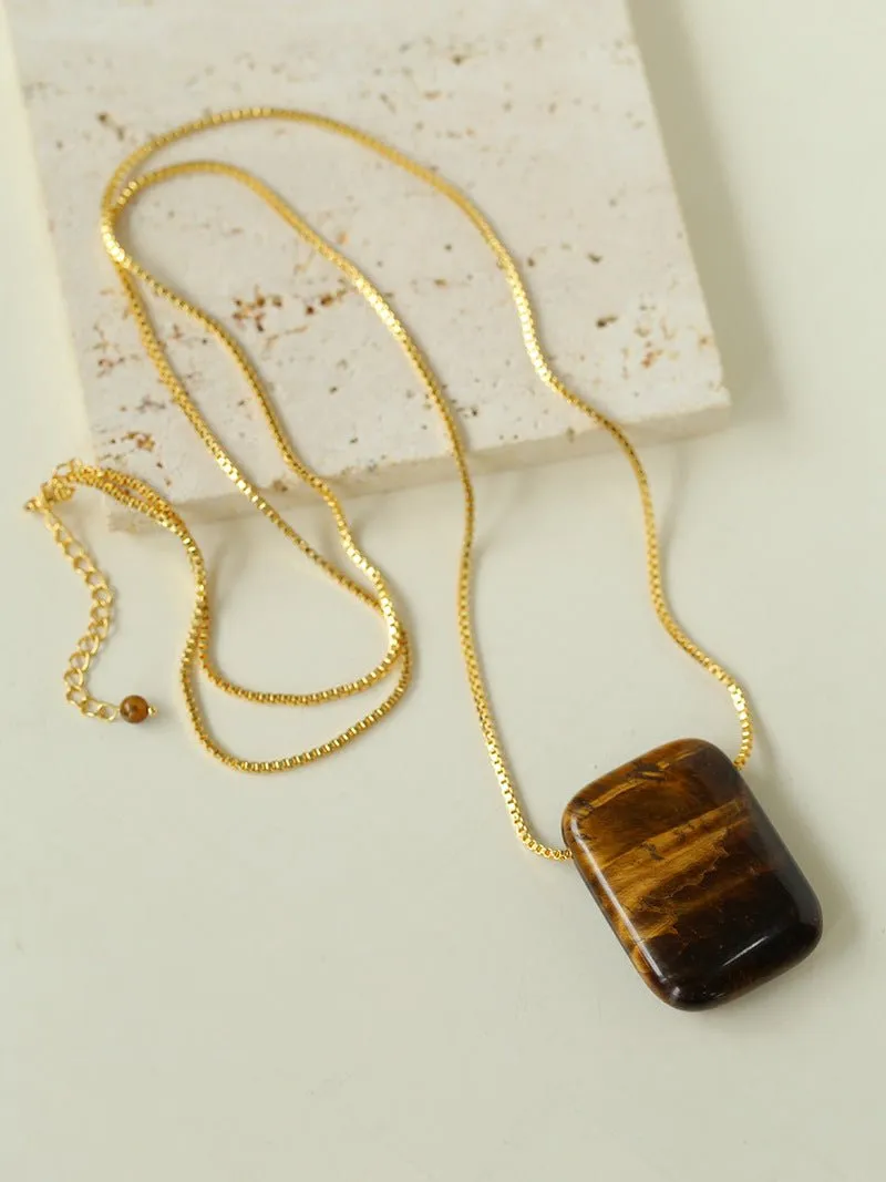 Niche Square Tiger's Eye Stone Obsidian Long Chain Necklace