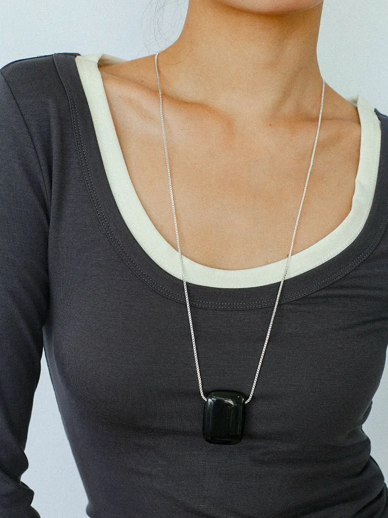 Niche Square Tiger's Eye Stone Obsidian Long Chain Necklace