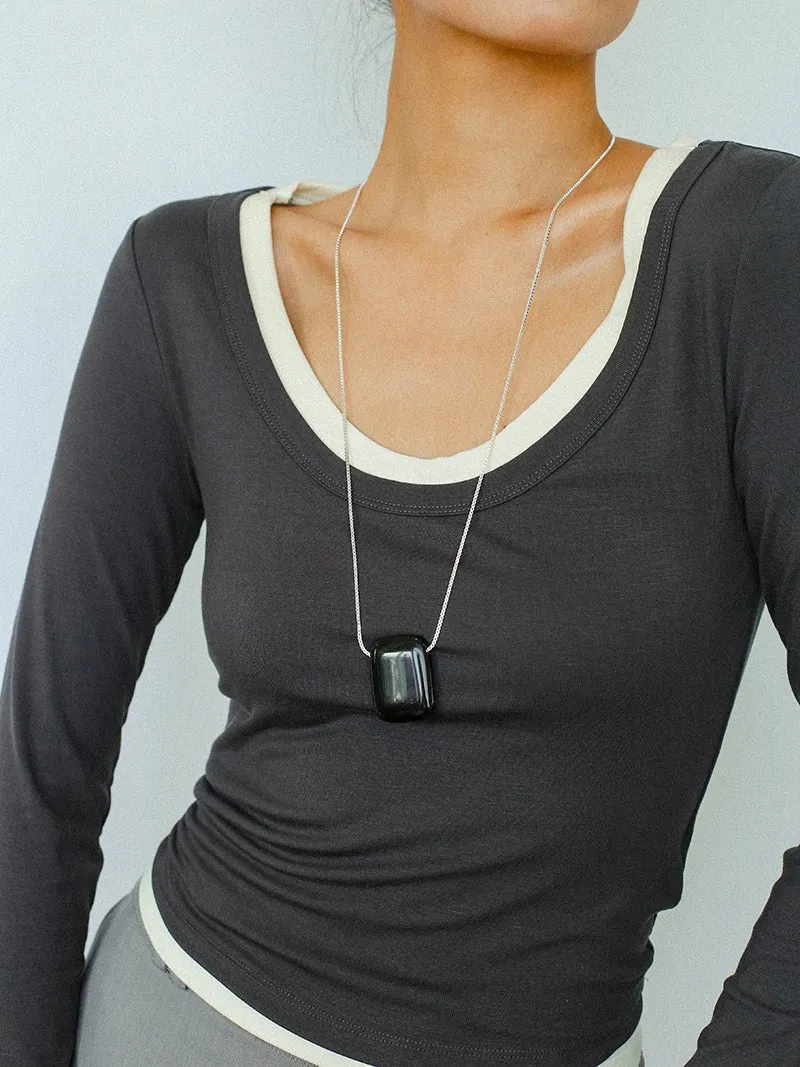 Niche Square Tiger's Eye Stone Obsidian Long Chain Necklace