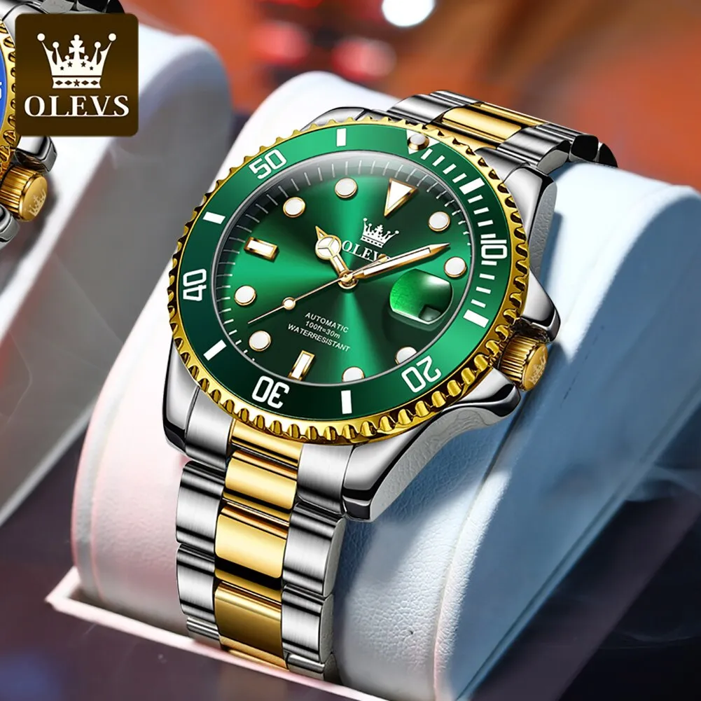 OLEVS Automatic Mechanical Wristwatch Military Sport Date Stainless Steel Male Clock Top Brand Luxury Gold Green Men Watch 6650