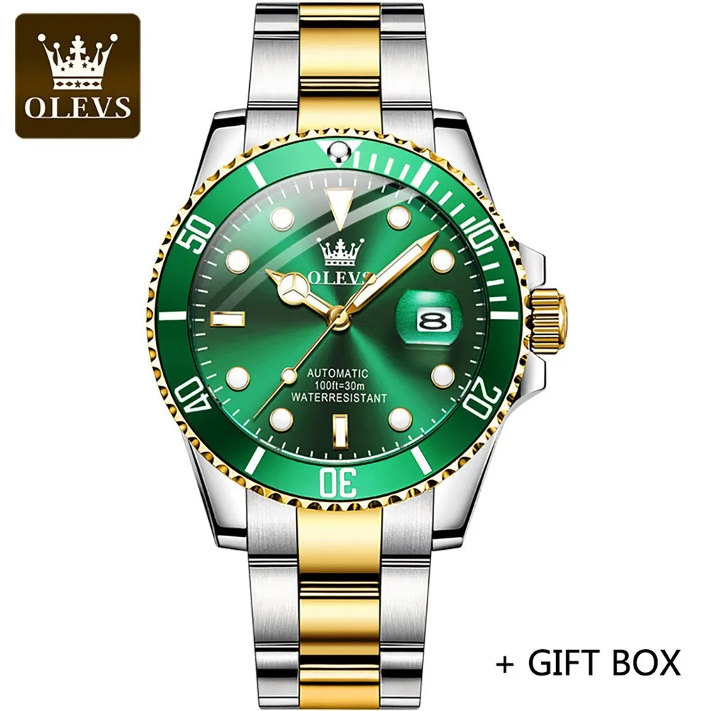 OLEVS Automatic Mechanical Wristwatch Military Sport Date Stainless Steel Male Clock Top Brand Luxury Gold Green Men Watch 6650