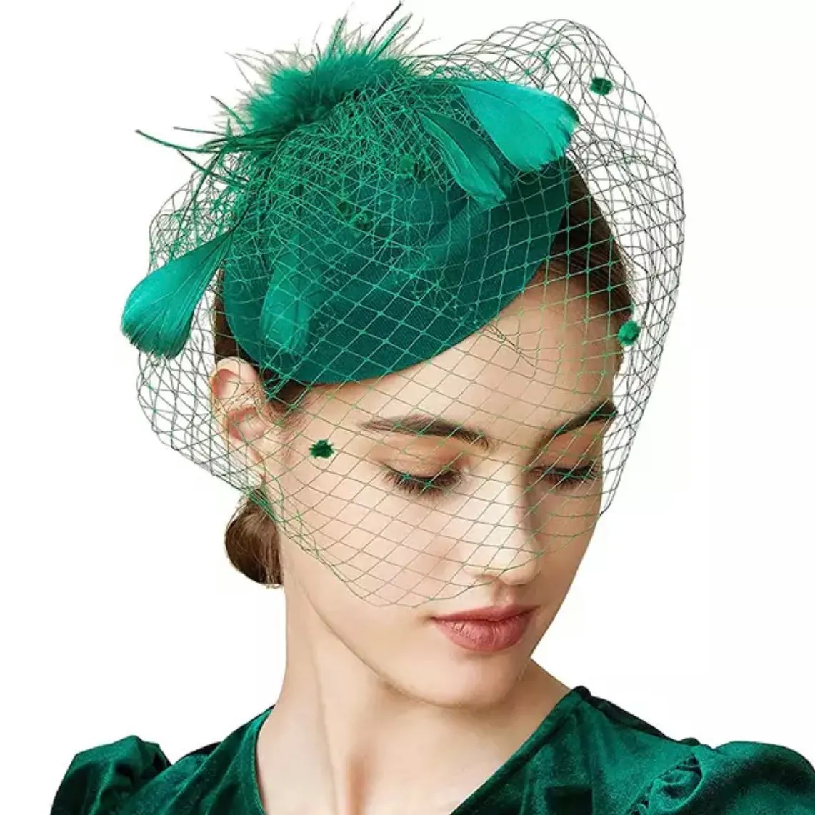 Pillbox Spot Veil and Feather Headband Fascinator - Emerald Green