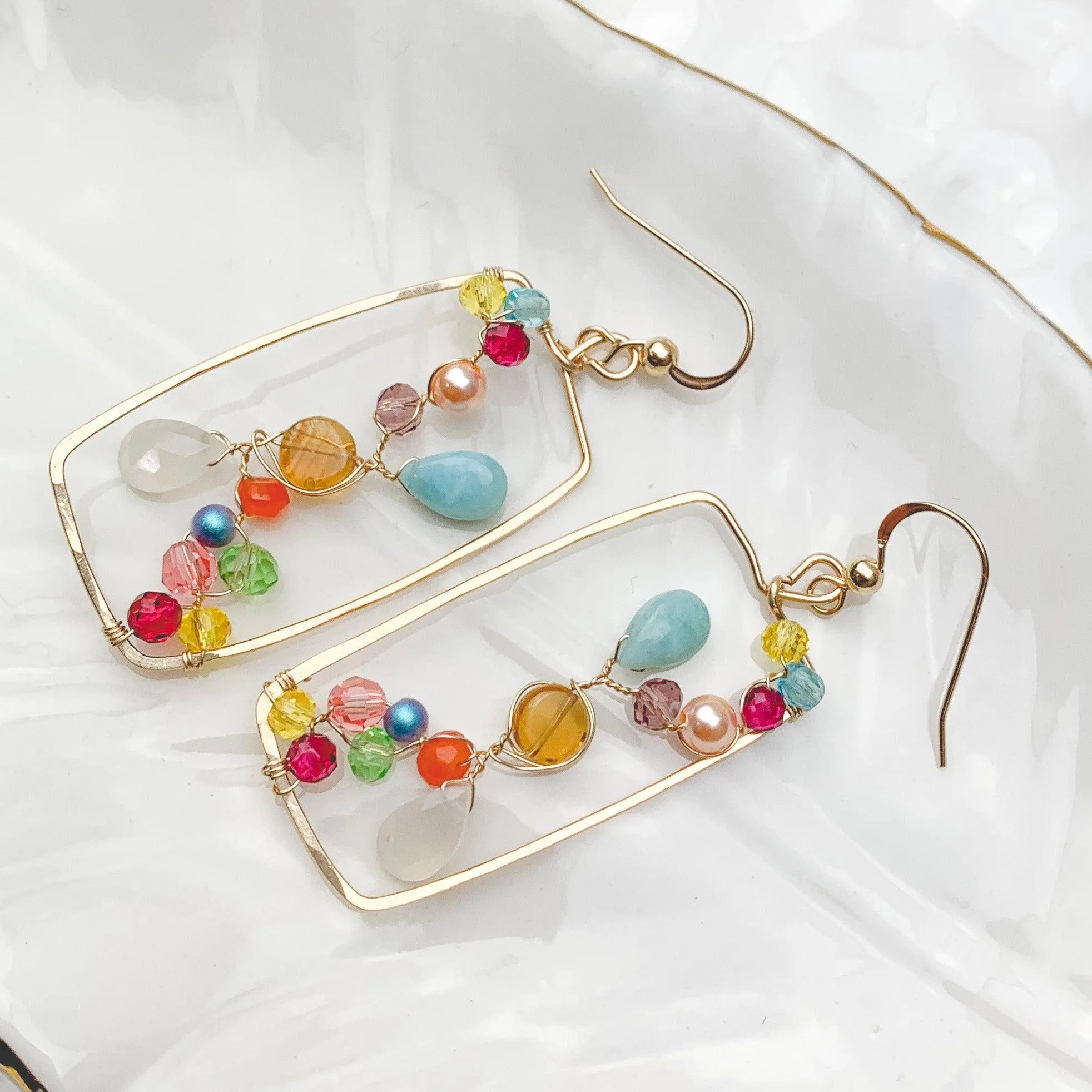 Rainbow Gems Colorful Rectangular Hoop Earrings