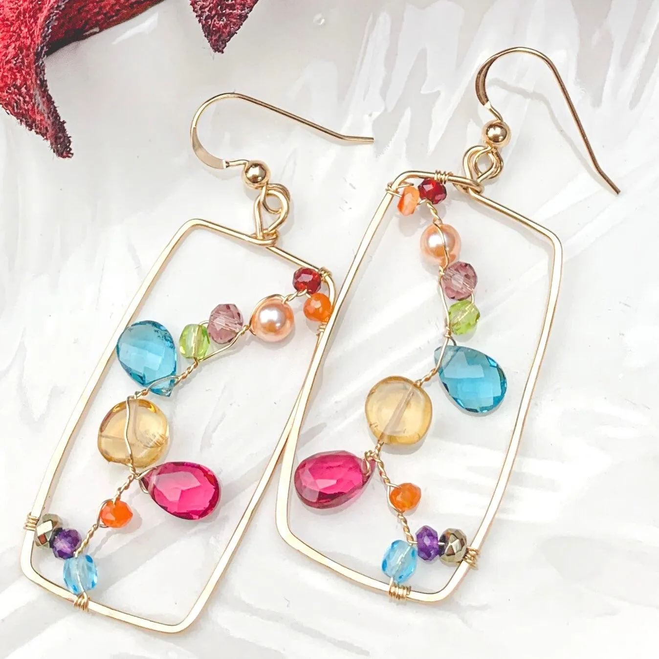 Rainbow Gems Colorful Rectangular Hoop Earrings