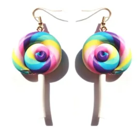 Rainbow Lollipop Dangling Drop Earrings | Swirl Lollipop Candy Drop Earring | Colorful Rainbow Lollipop Dangle Earrings