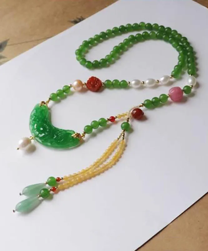 Retro Green Jade Agate Pearl Coloured Glaze Tassel Pendant Necklace KX1027